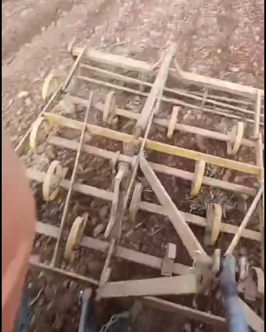 L'erpice passa sul terreno gia lavorato e lo sminuzza, viste dall'alto le file di denti e le ruote di ferro